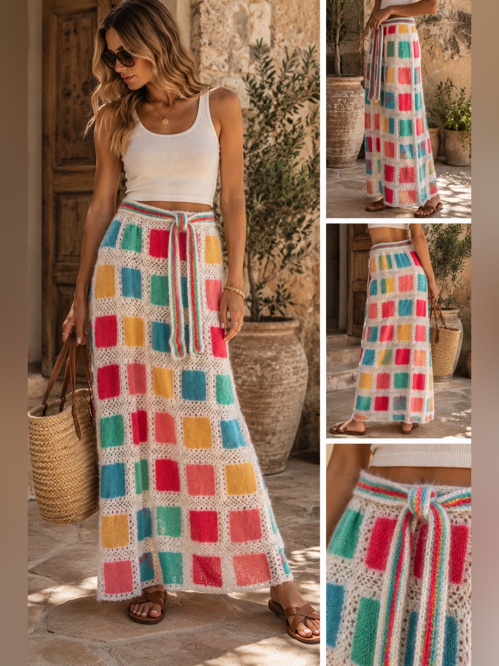 Fuzzy Crochet Patchwork Maxi Skirt Mohair Wool Feel Boho 70s Style Size S
